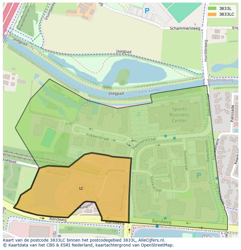 Afbeelding van het postcodegebied 3833 LC op de kaart.