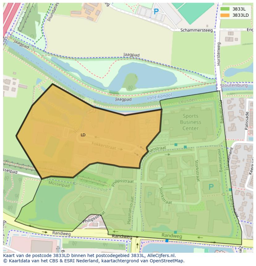 Afbeelding van het postcodegebied 3833 LD op de kaart.