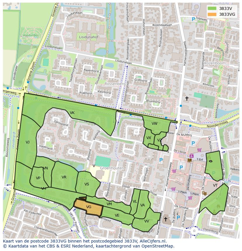 Afbeelding van het postcodegebied 3833 VG op de kaart.