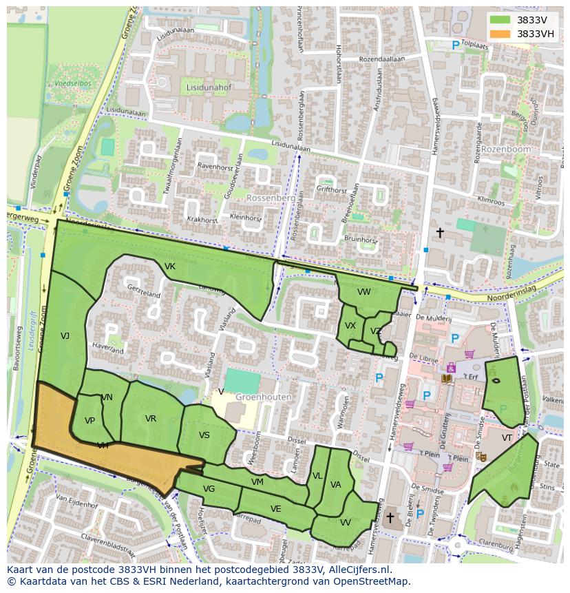 Afbeelding van het postcodegebied 3833 VH op de kaart.
