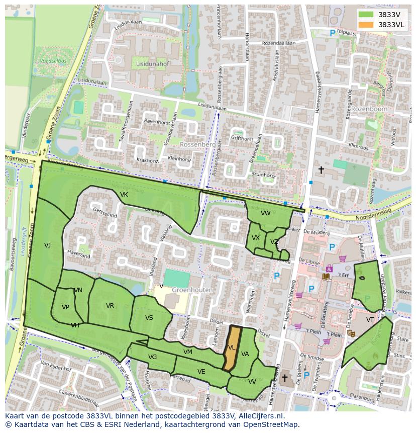 Afbeelding van het postcodegebied 3833 VL op de kaart.