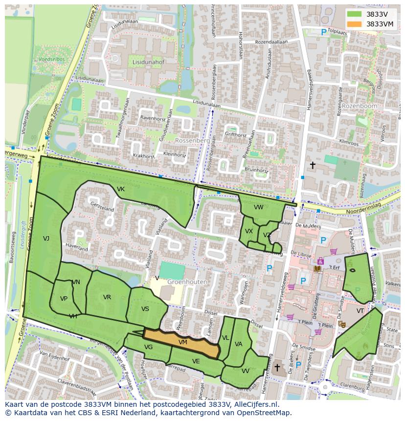Afbeelding van het postcodegebied 3833 VM op de kaart.