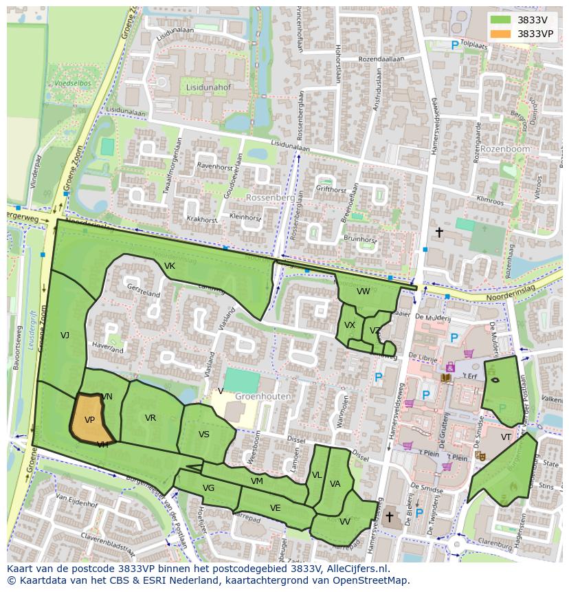 Afbeelding van het postcodegebied 3833 VP op de kaart.
