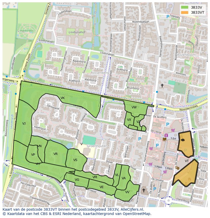 Afbeelding van het postcodegebied 3833 VT op de kaart.