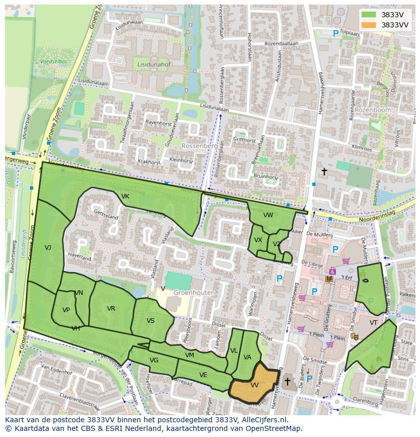 Afbeelding van het postcodegebied 3833 VV op de kaart.