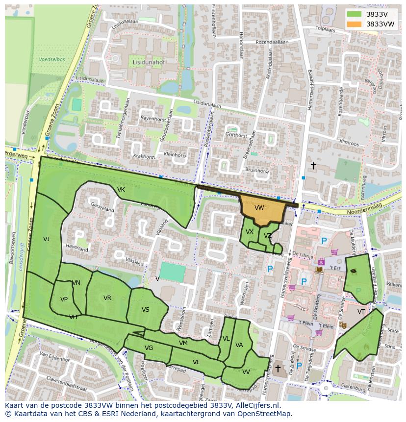 Afbeelding van het postcodegebied 3833 VW op de kaart.