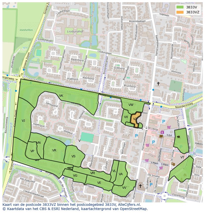 Afbeelding van het postcodegebied 3833 VZ op de kaart.