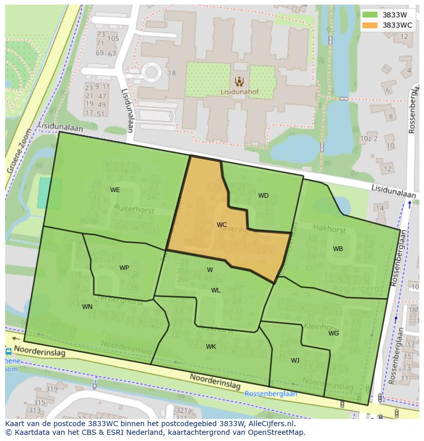 Afbeelding van het postcodegebied 3833 WC op de kaart.