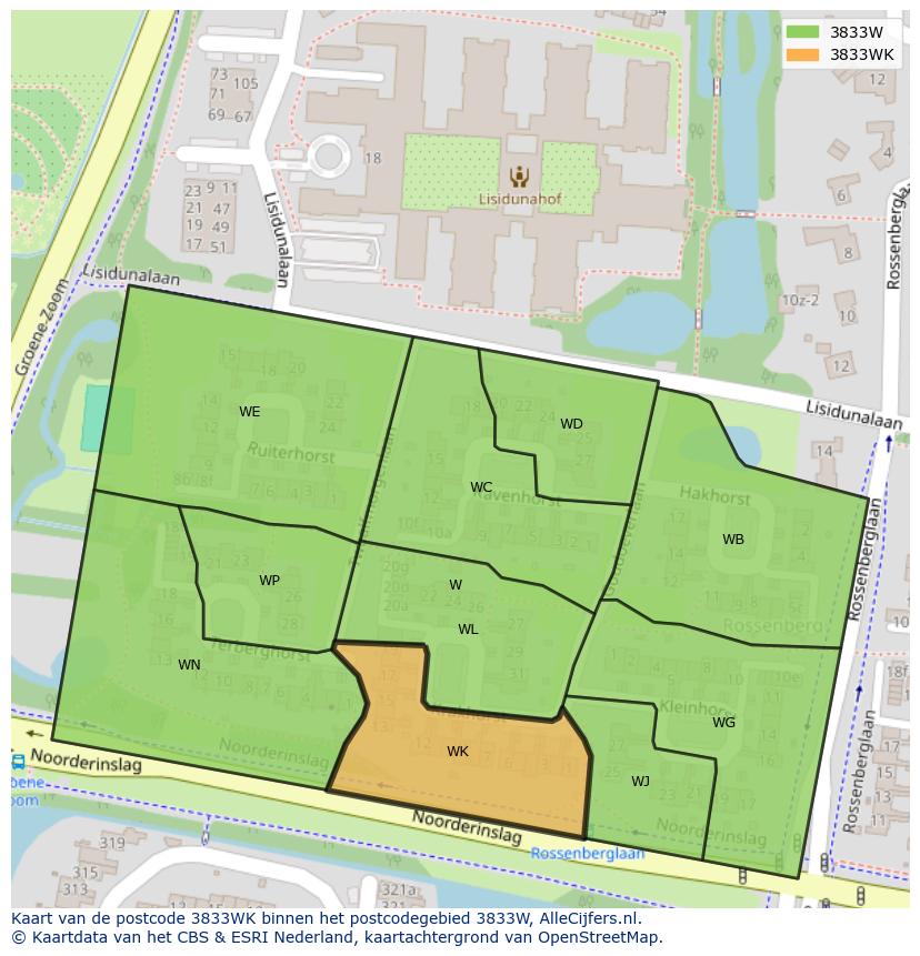 Afbeelding van het postcodegebied 3833 WK op de kaart.
