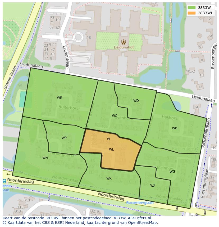 Afbeelding van het postcodegebied 3833 WL op de kaart.