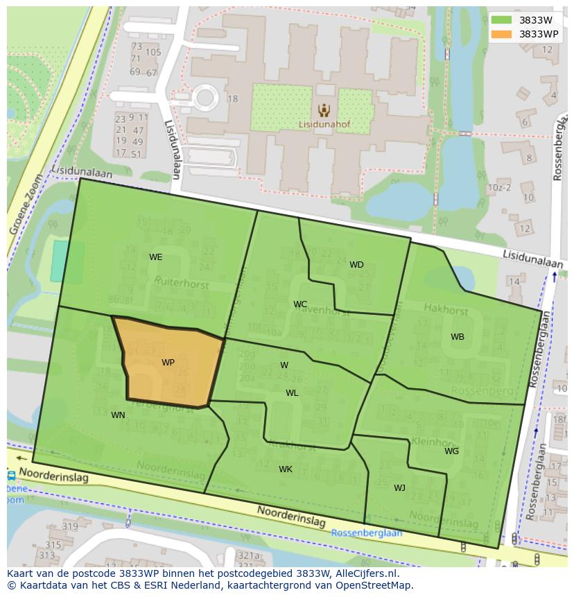 Afbeelding van het postcodegebied 3833 WP op de kaart.