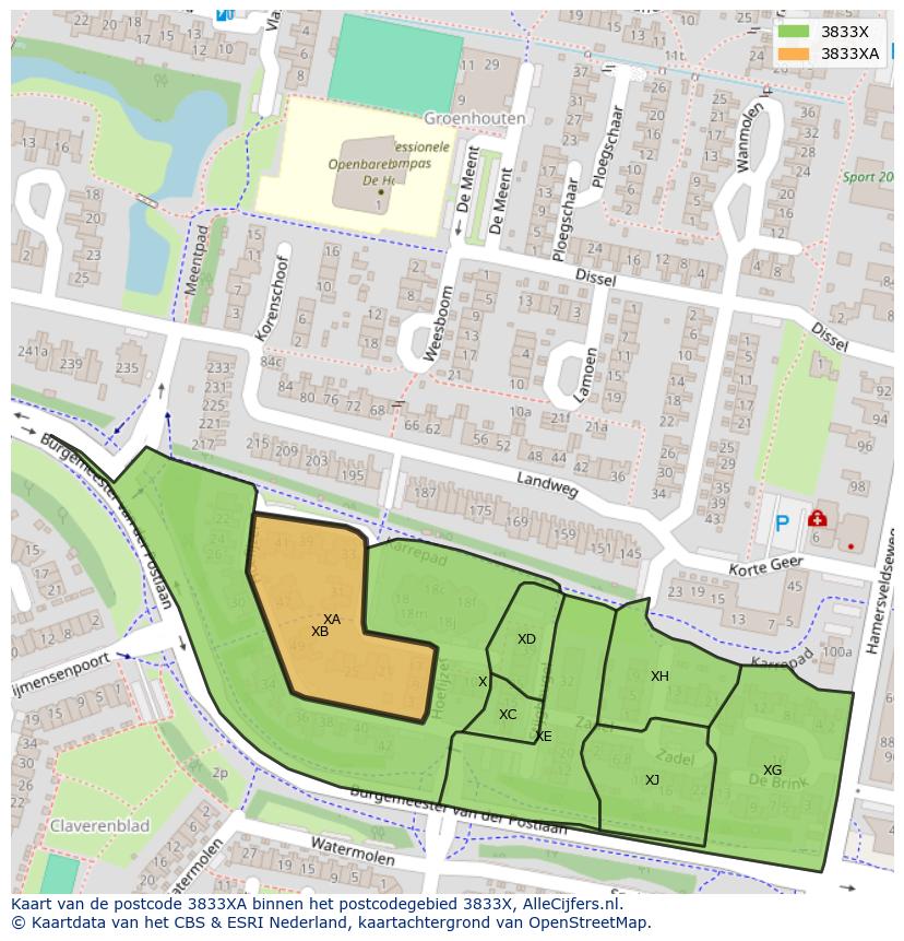 Afbeelding van het postcodegebied 3833 XA op de kaart.