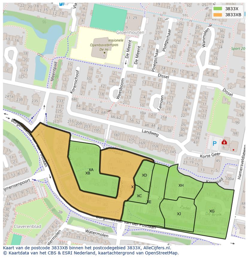 Afbeelding van het postcodegebied 3833 XB op de kaart.