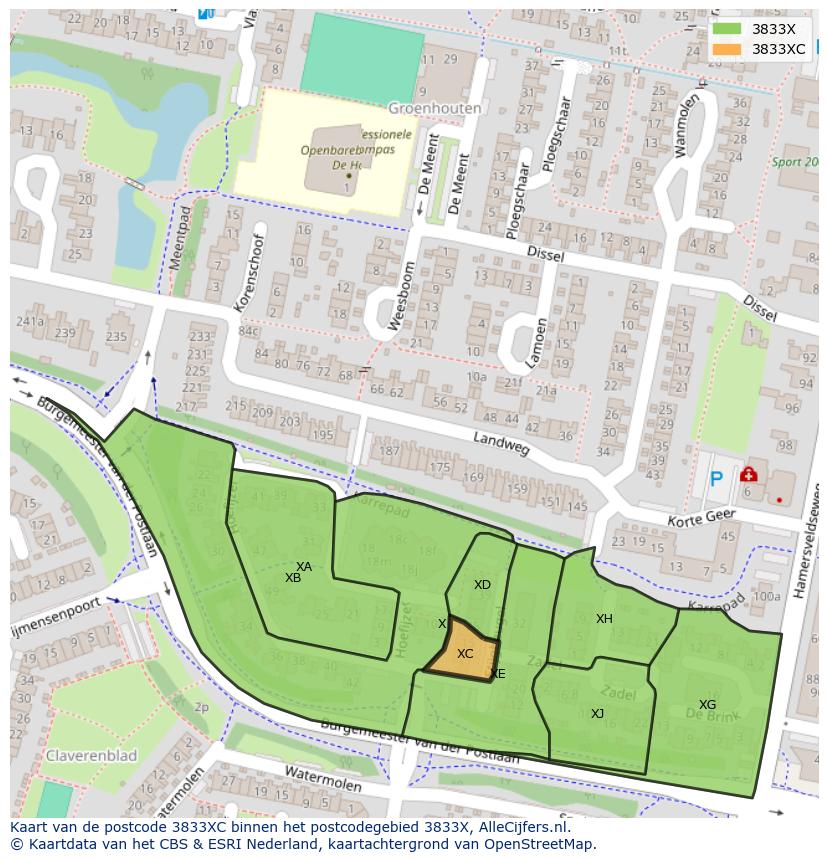 Afbeelding van het postcodegebied 3833 XC op de kaart.