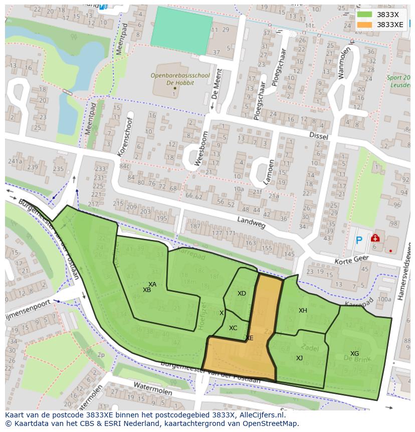 Afbeelding van het postcodegebied 3833 XE op de kaart.