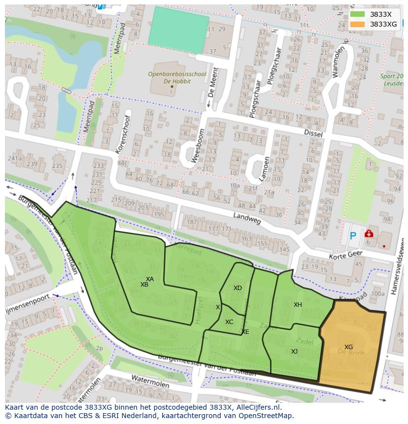 Afbeelding van het postcodegebied 3833 XG op de kaart.