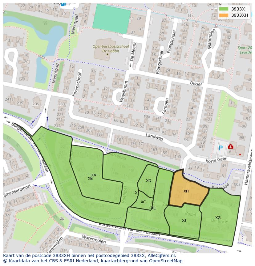 Afbeelding van het postcodegebied 3833 XH op de kaart.