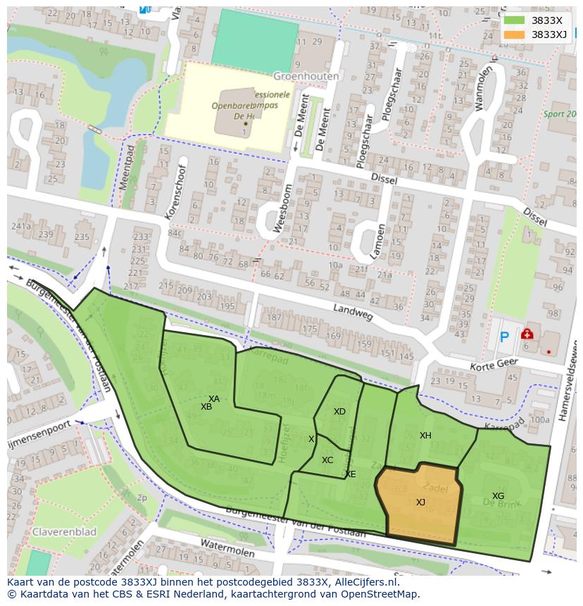 Afbeelding van het postcodegebied 3833 XJ op de kaart.