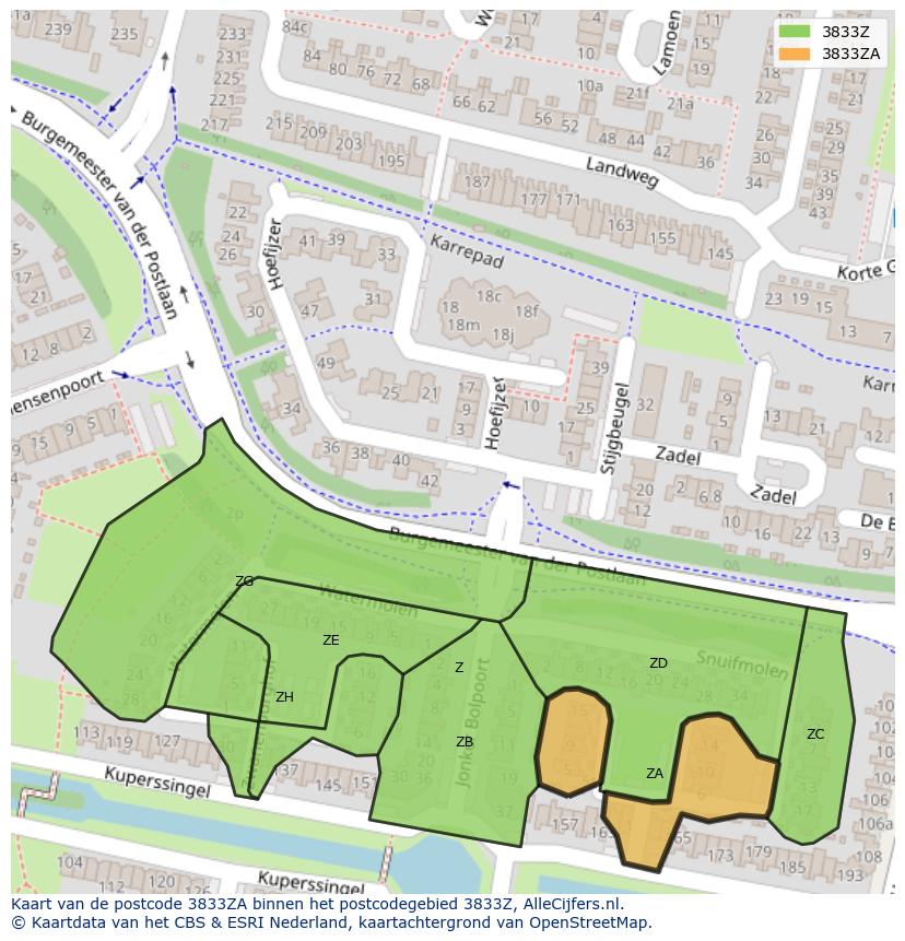 Afbeelding van het postcodegebied 3833 ZA op de kaart.
