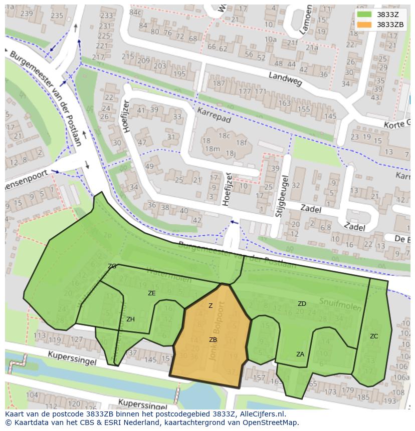 Afbeelding van het postcodegebied 3833 ZB op de kaart.