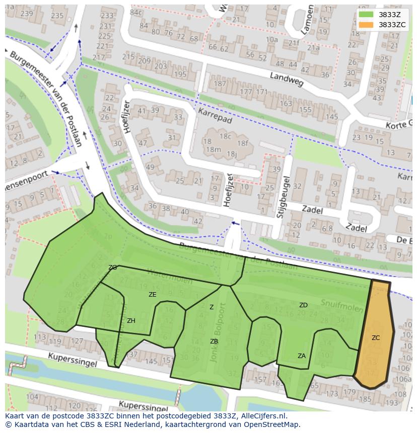 Afbeelding van het postcodegebied 3833 ZC op de kaart.
