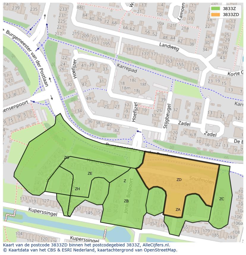 Afbeelding van het postcodegebied 3833 ZD op de kaart.