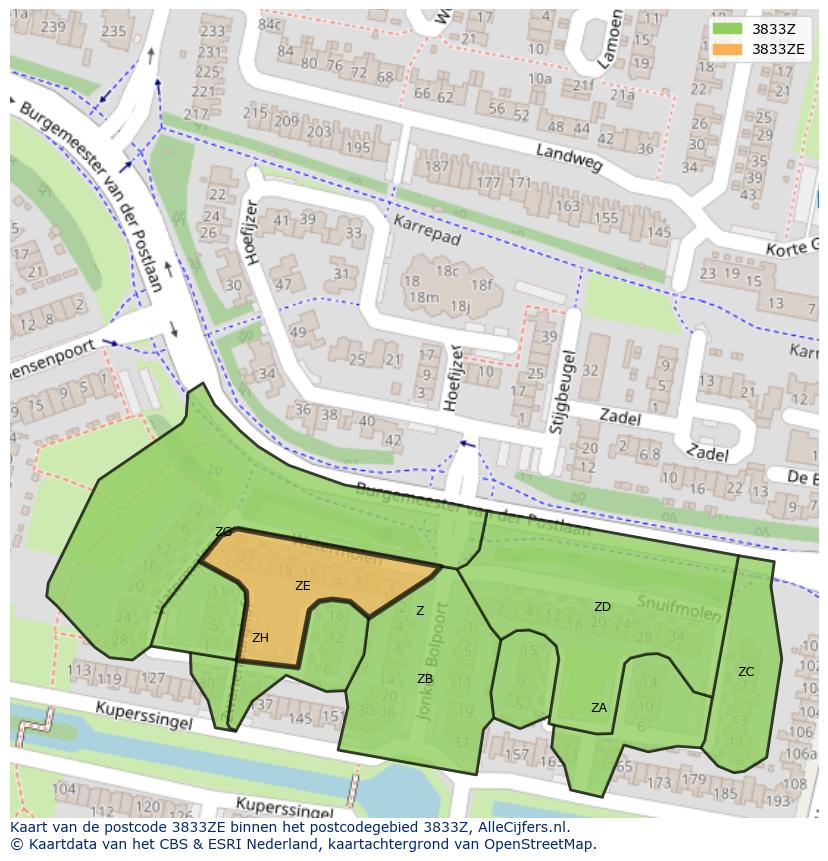 Afbeelding van het postcodegebied 3833 ZE op de kaart.