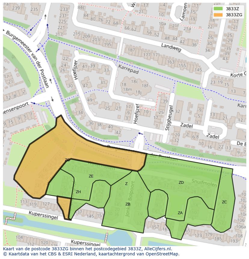 Afbeelding van het postcodegebied 3833 ZG op de kaart.