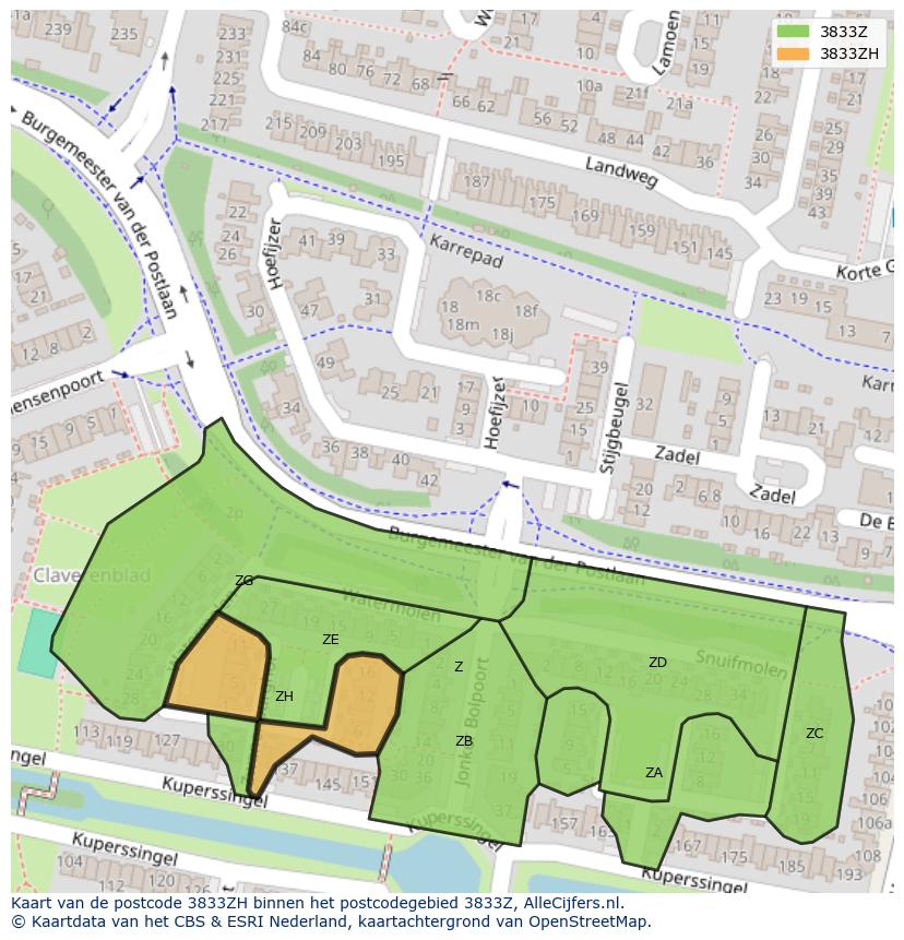 Afbeelding van het postcodegebied 3833 ZH op de kaart.