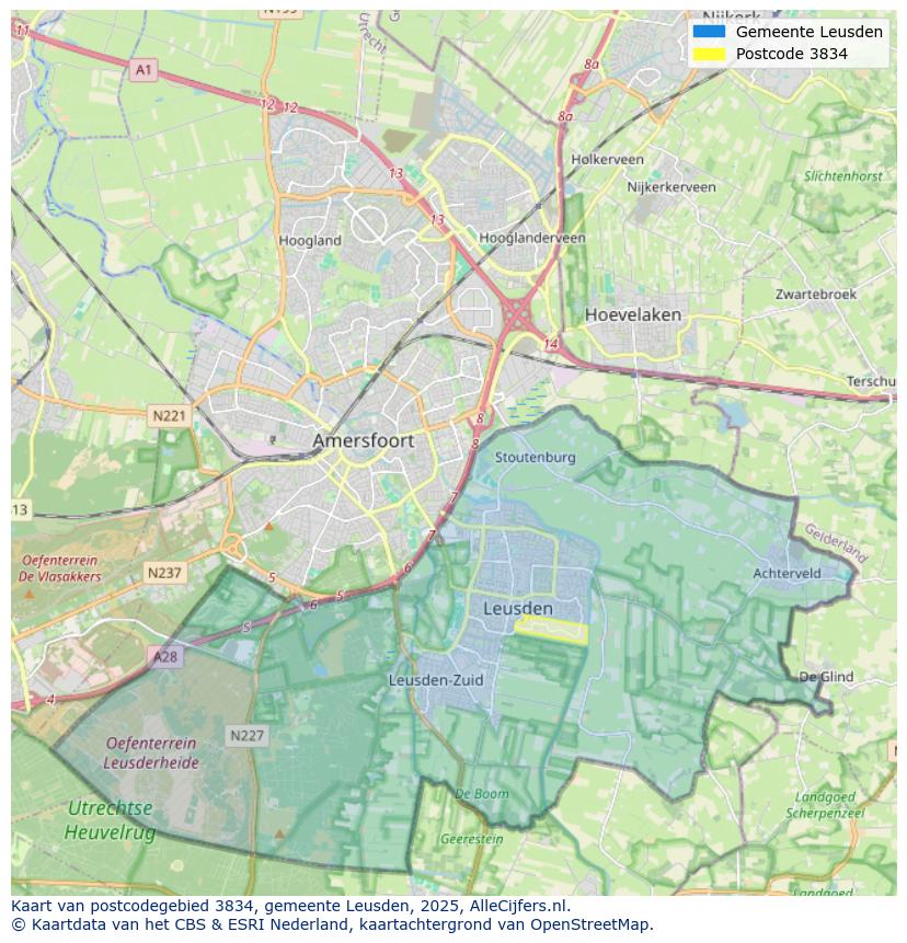Afbeelding van het postcodegebied 3834 op de kaart.