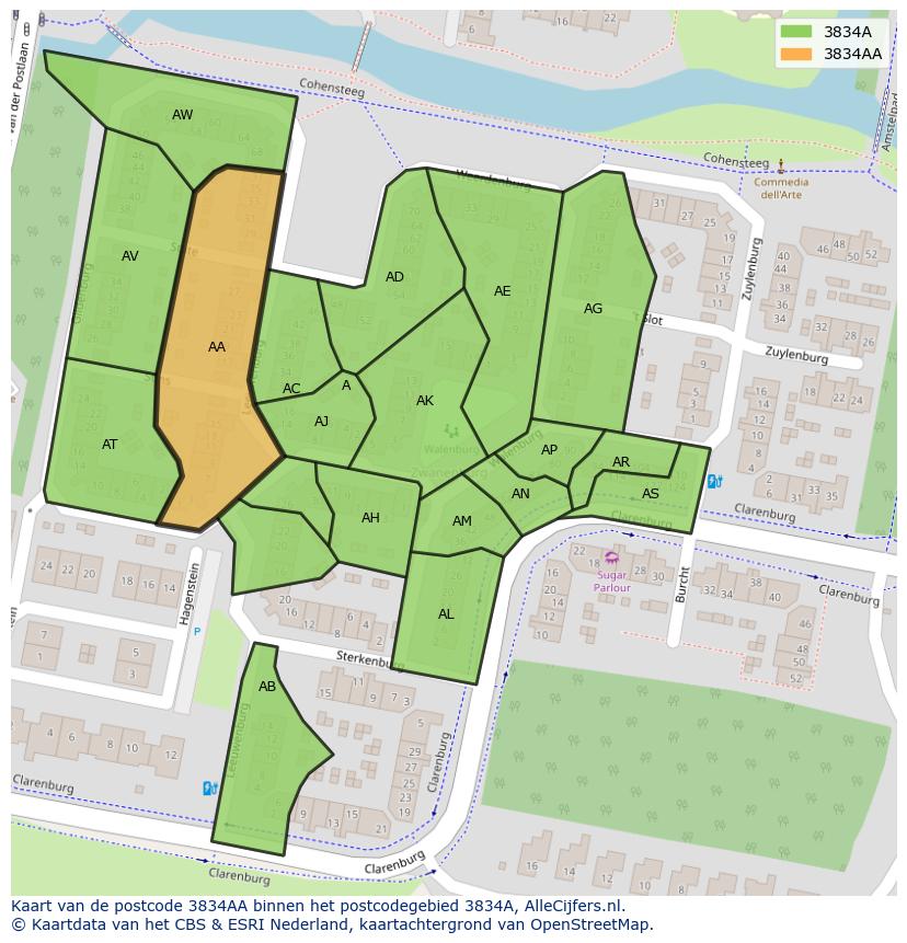 Afbeelding van het postcodegebied 3834 AA op de kaart.