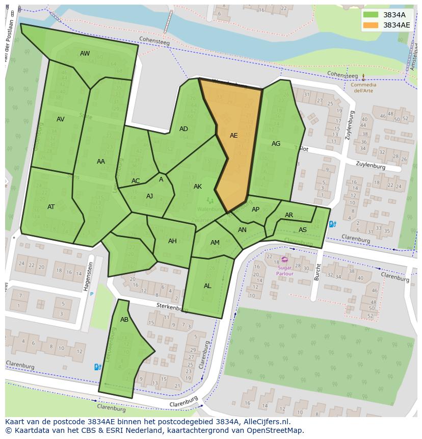Afbeelding van het postcodegebied 3834 AE op de kaart.