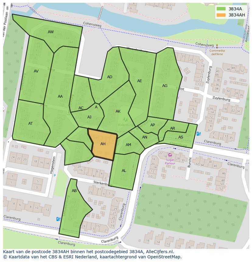 Afbeelding van het postcodegebied 3834 AH op de kaart.