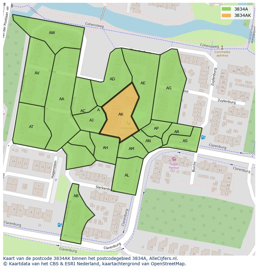 Afbeelding van het postcodegebied 3834 AK op de kaart.