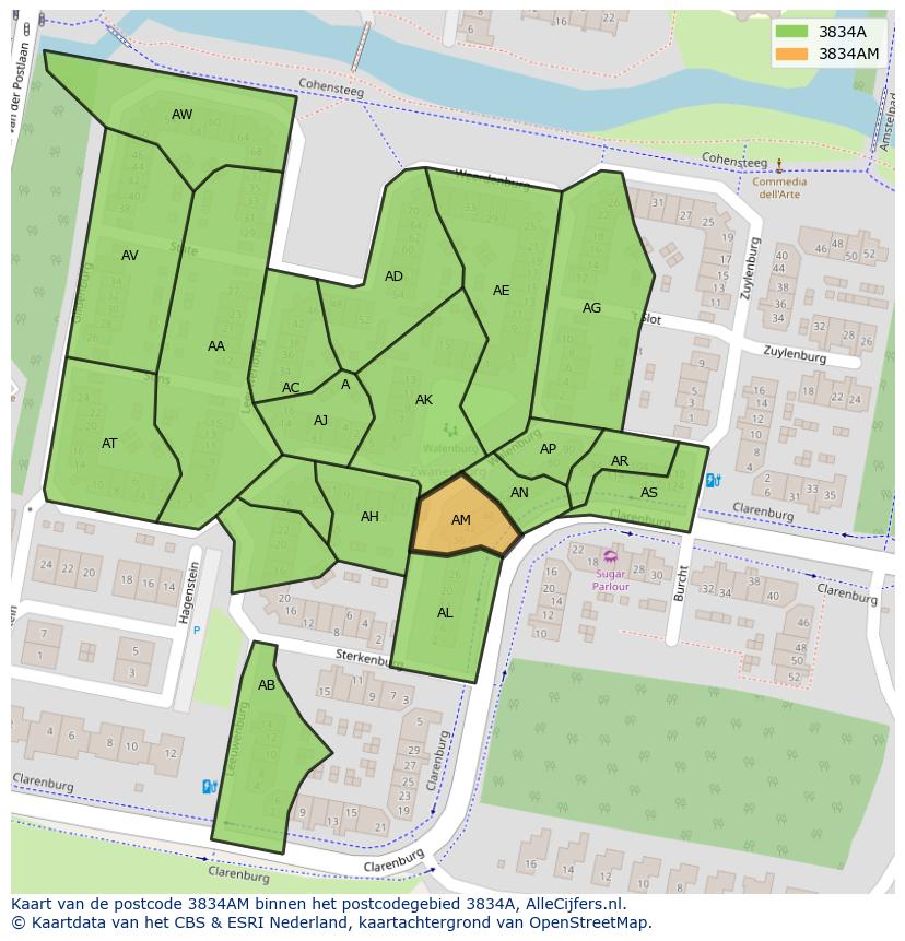 Afbeelding van het postcodegebied 3834 AM op de kaart.