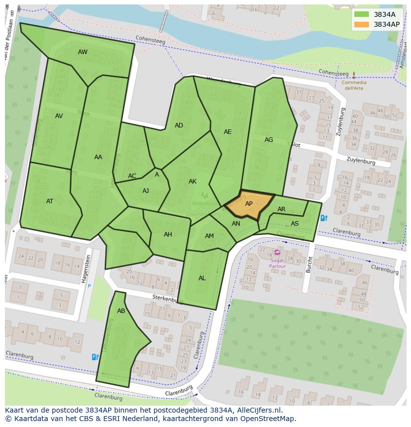 Afbeelding van het postcodegebied 3834 AP op de kaart.
