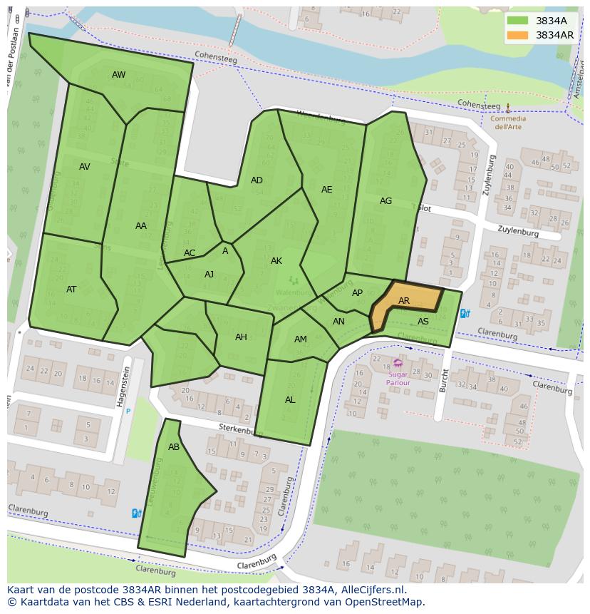 Afbeelding van het postcodegebied 3834 AR op de kaart.