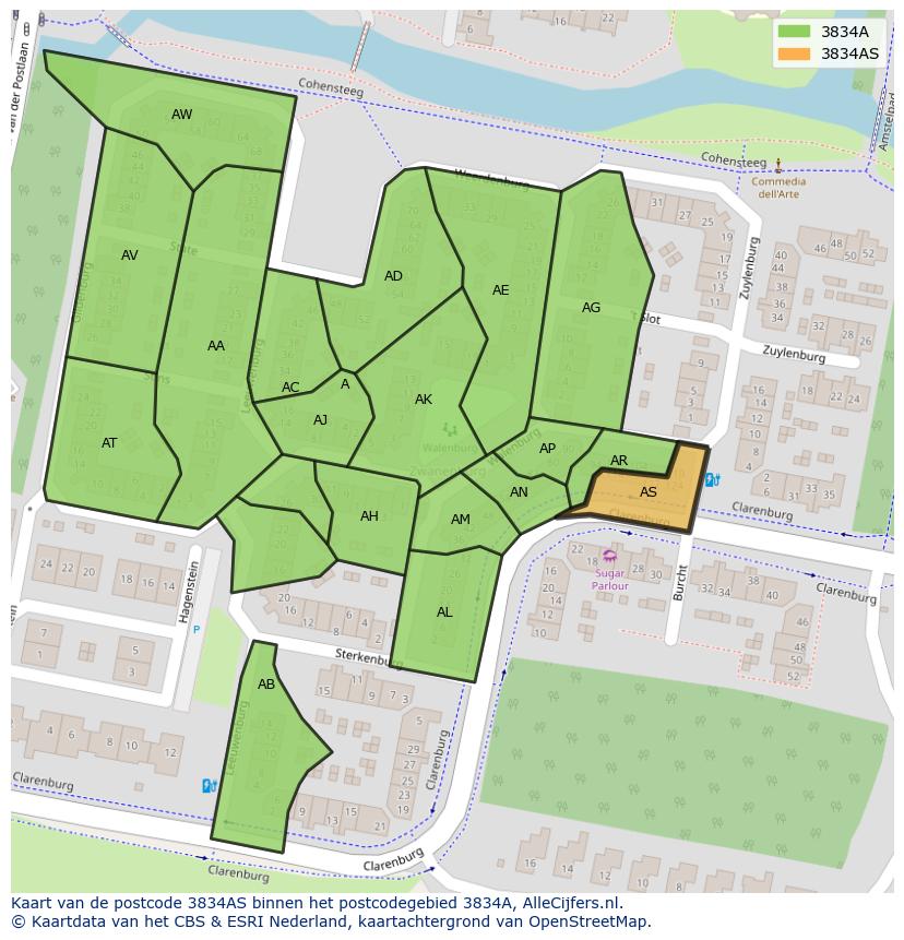 Afbeelding van het postcodegebied 3834 AS op de kaart.