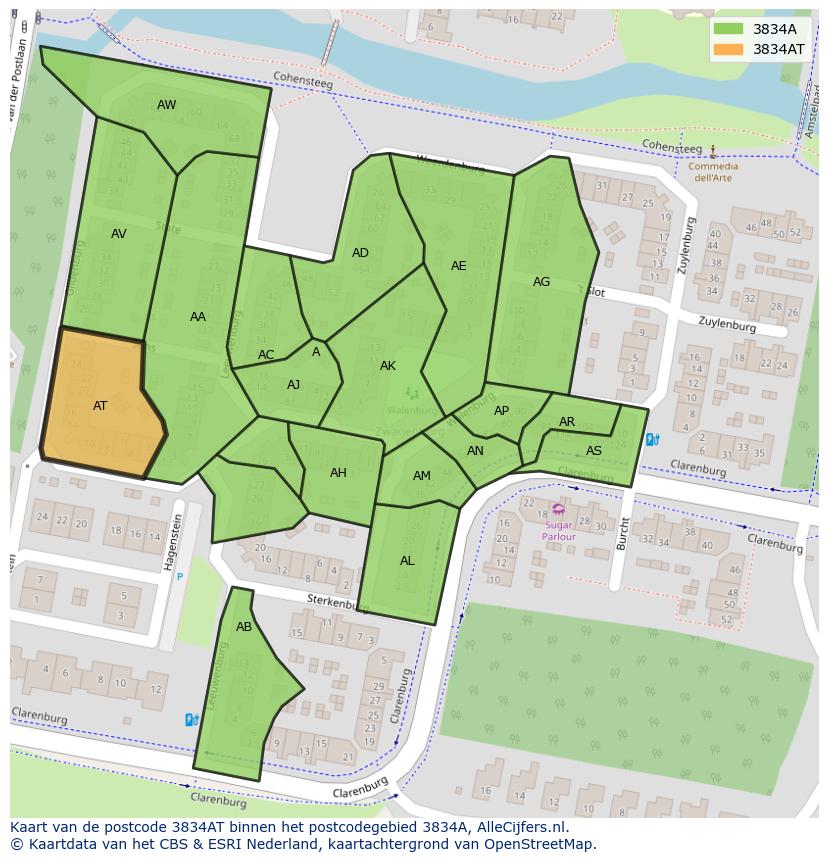 Afbeelding van het postcodegebied 3834 AT op de kaart.