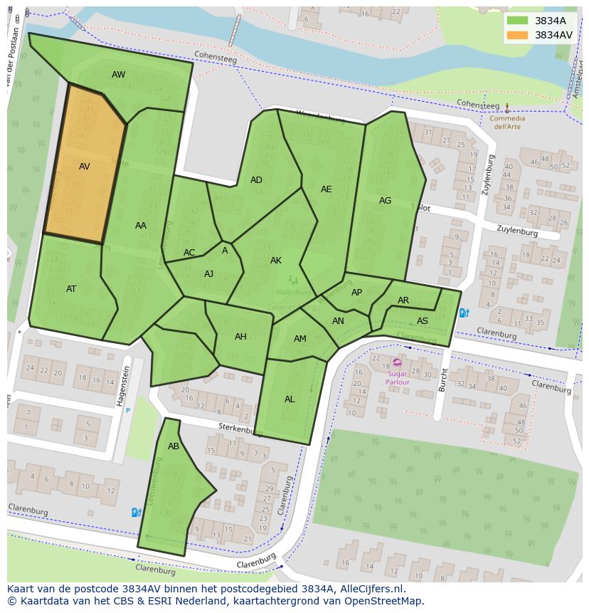 Afbeelding van het postcodegebied 3834 AV op de kaart.