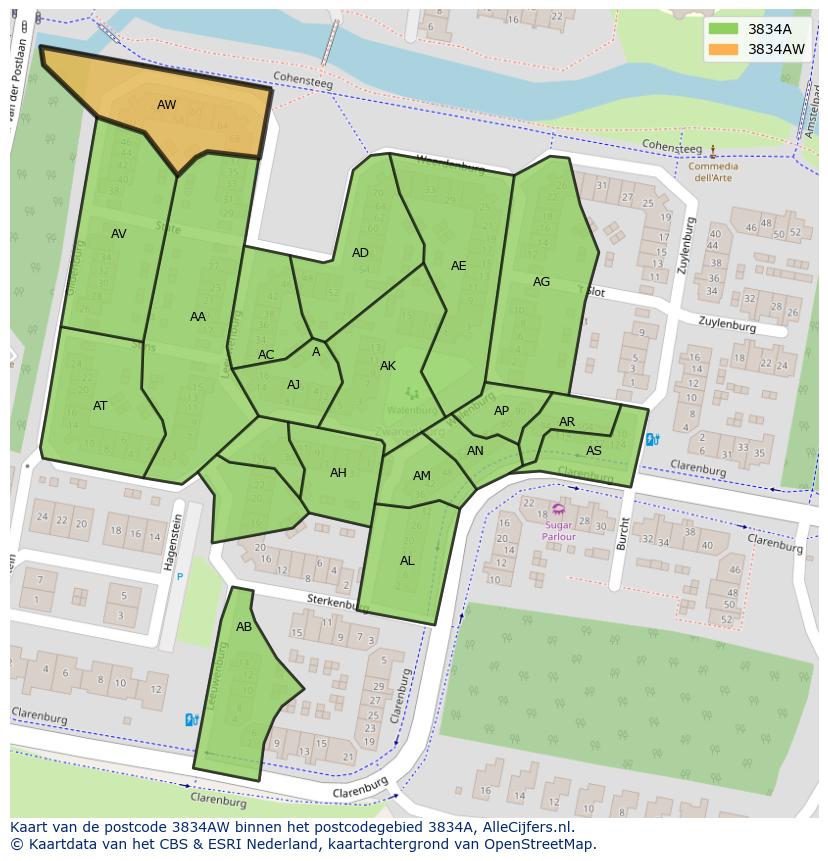 Afbeelding van het postcodegebied 3834 AW op de kaart.