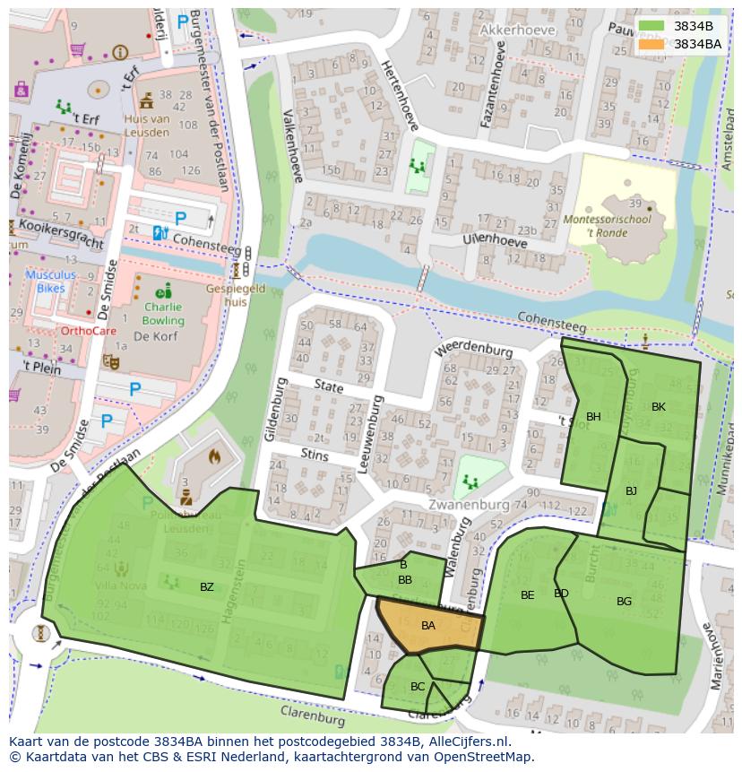 Afbeelding van het postcodegebied 3834 BA op de kaart.