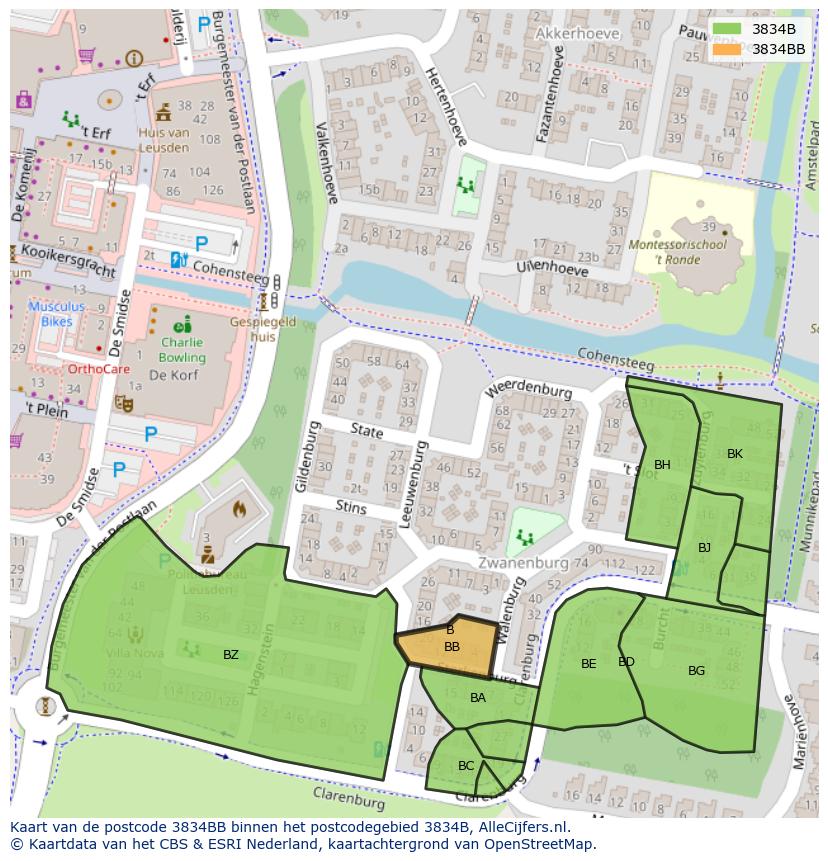 Afbeelding van het postcodegebied 3834 BB op de kaart.