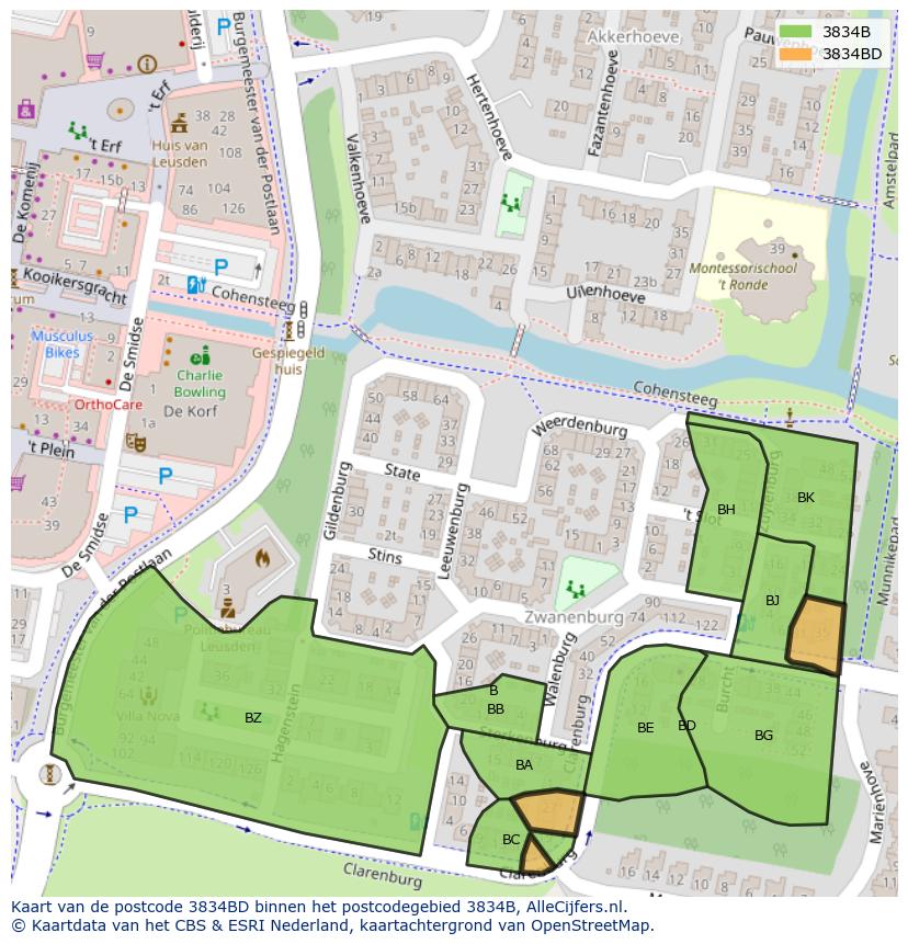Afbeelding van het postcodegebied 3834 BD op de kaart.