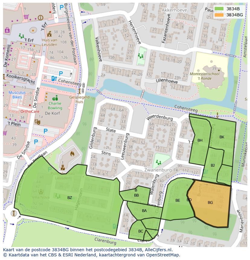 Afbeelding van het postcodegebied 3834 BG op de kaart.