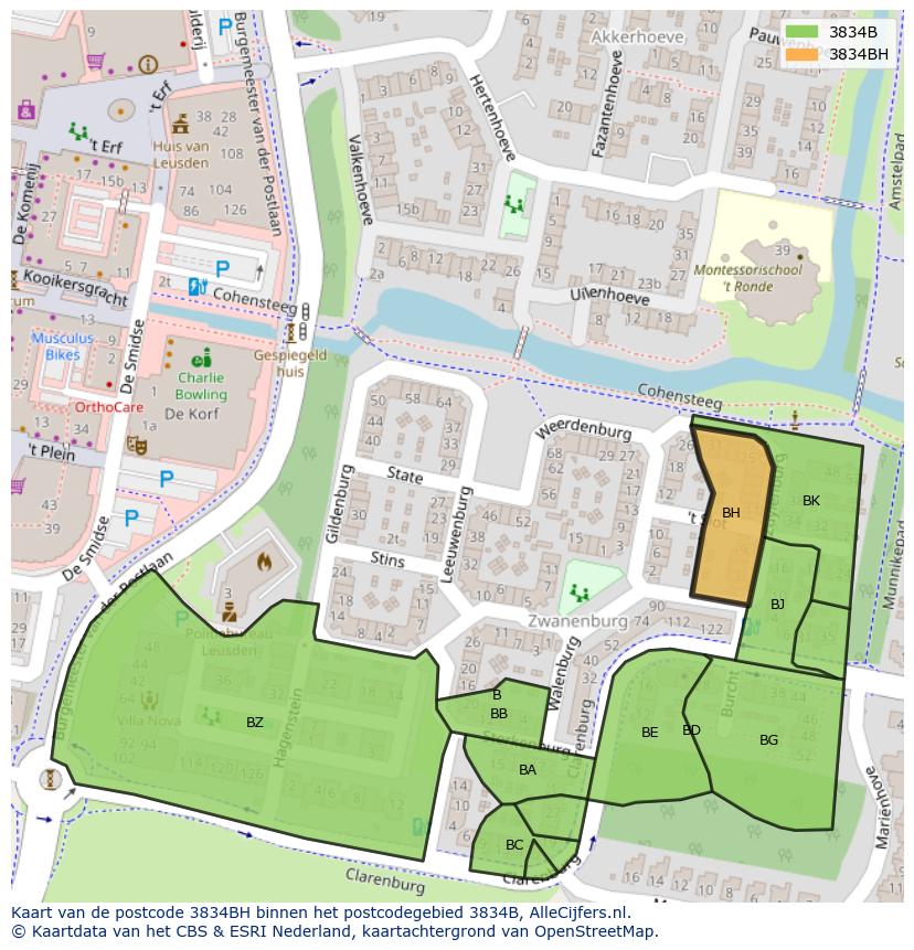 Afbeelding van het postcodegebied 3834 BH op de kaart.