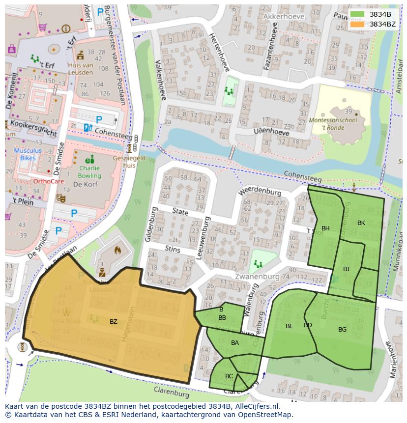 Afbeelding van het postcodegebied 3834 BZ op de kaart.
