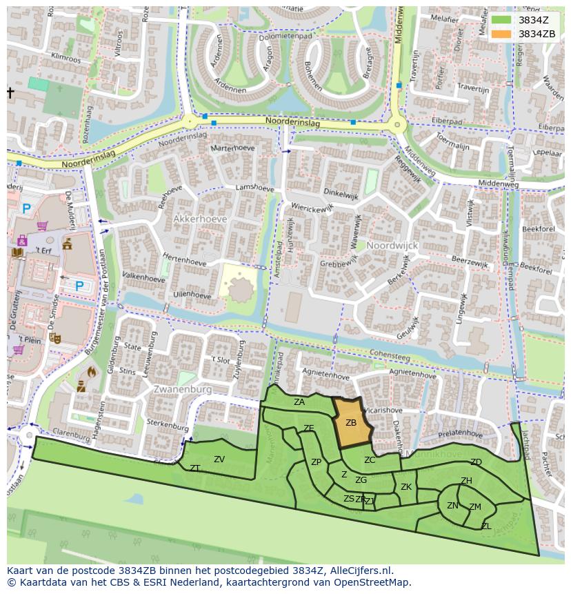 Afbeelding van het postcodegebied 3834 ZB op de kaart.
