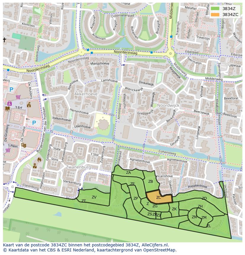 Afbeelding van het postcodegebied 3834 ZC op de kaart.