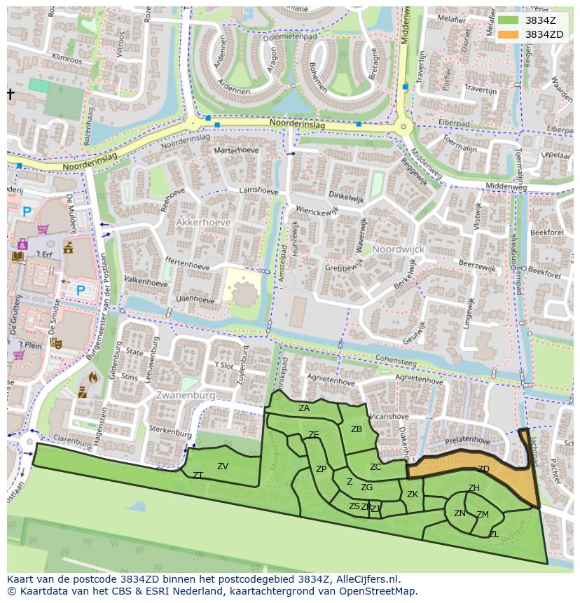 Afbeelding van het postcodegebied 3834 ZD op de kaart.